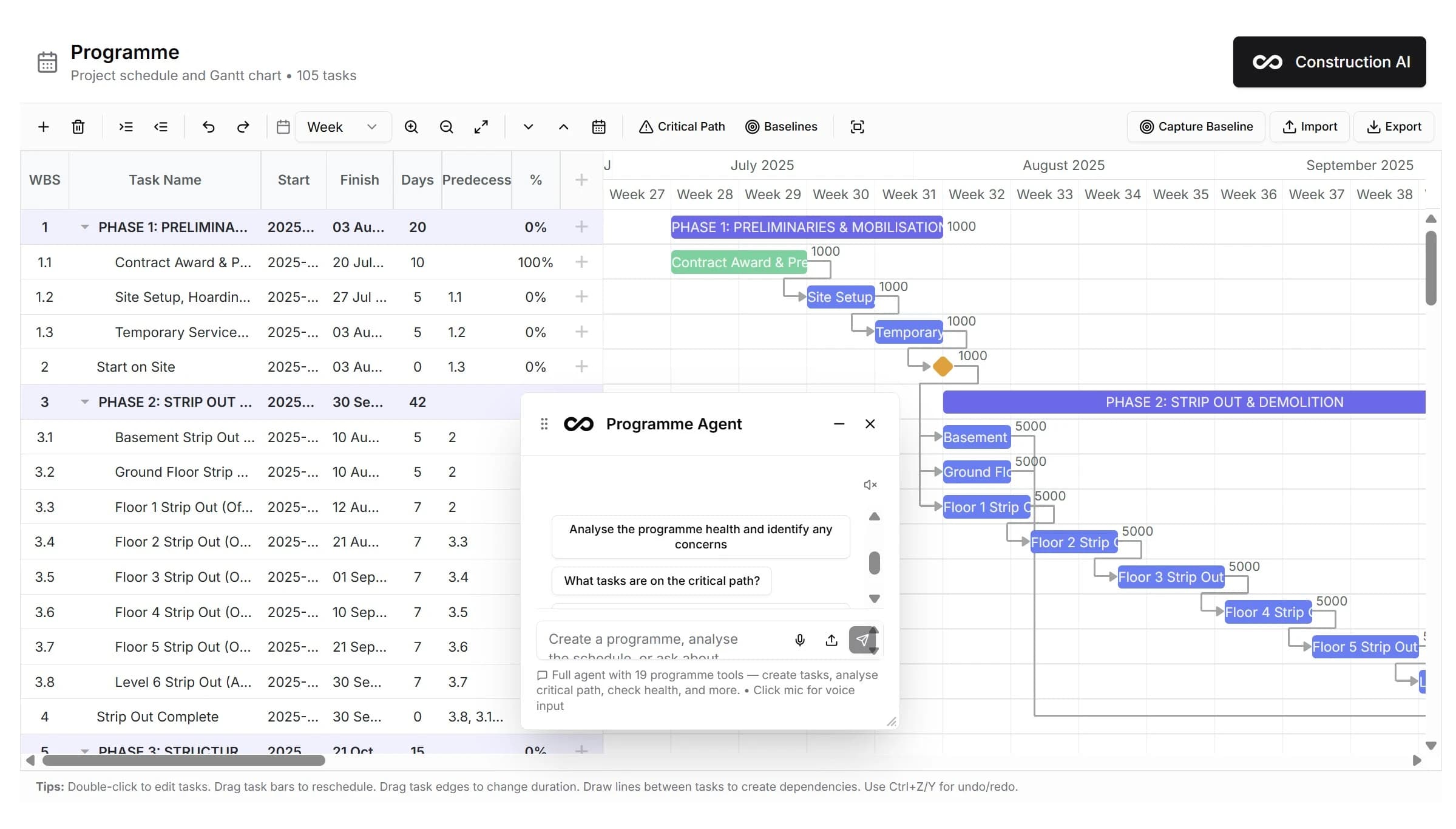 Programme Gantt chart with embedded AI agent for planning co-pilot